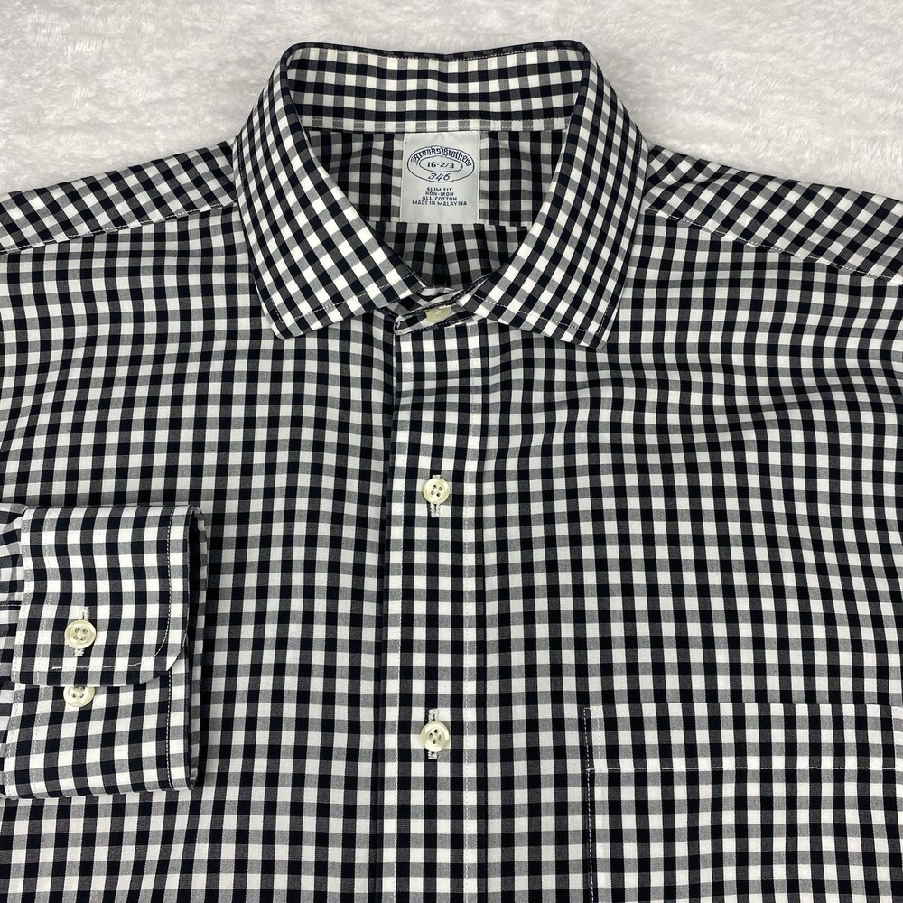 Brooks Brothers Shirt Mens 16-2/3 Black/White Checks Slim Fit No Iron